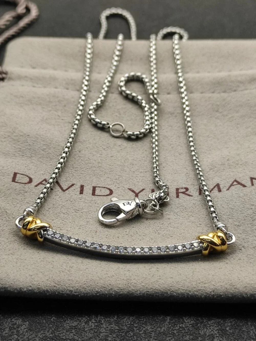 David Yurman Two-Tone Diamond Curved Bar Necklace in Silver and Gold